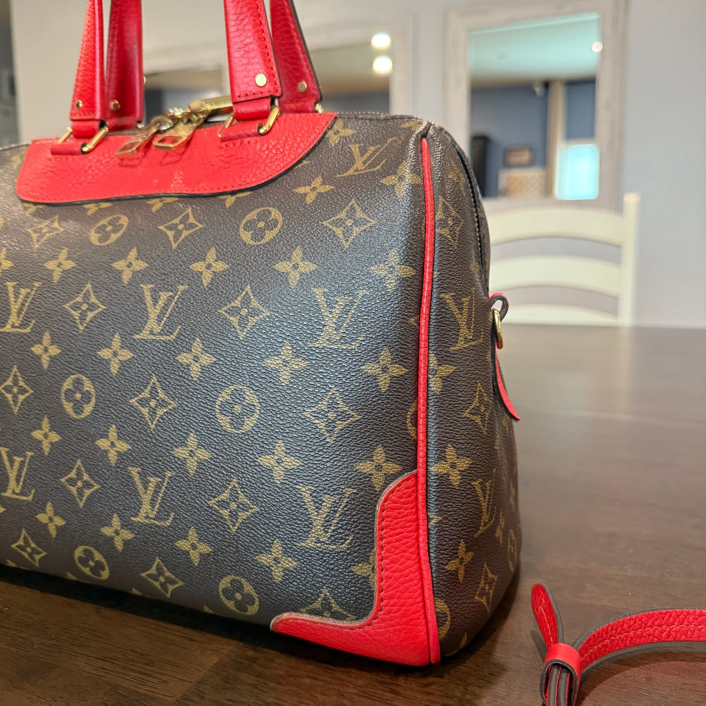 Retiro NM 2-Way Bag in Coquelicot Leather and
Monogram Canvas