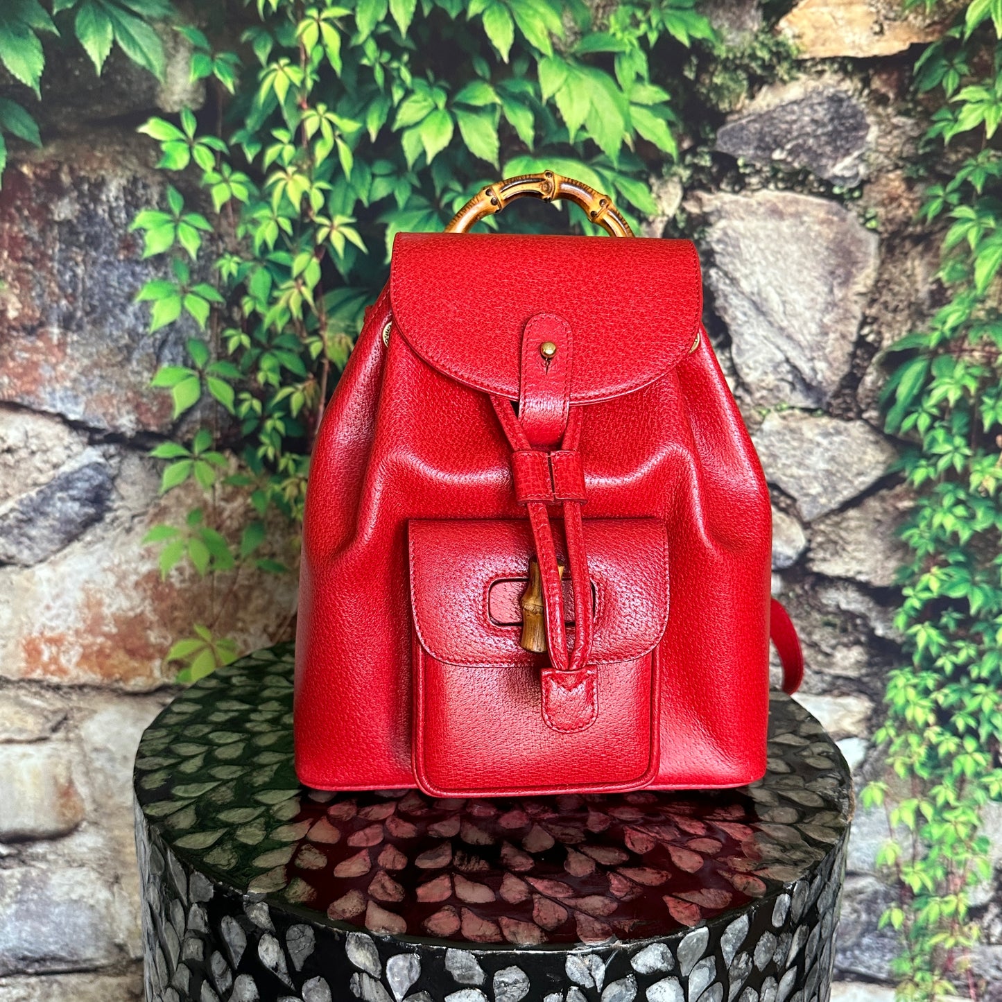 Gucci Red Bamboo Leather  Backpack