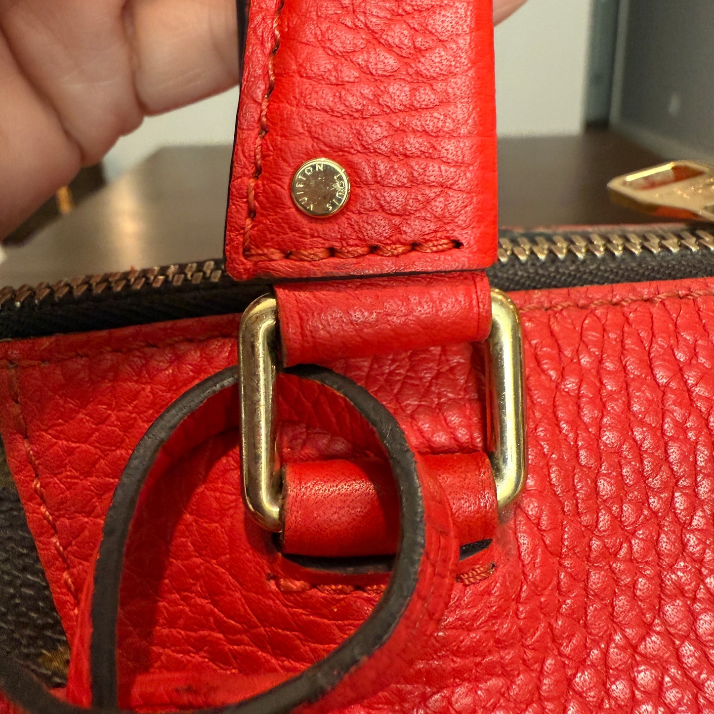 Retiro NM 2-Way Bag in Coquelicot Leather and
Monogram Canvas