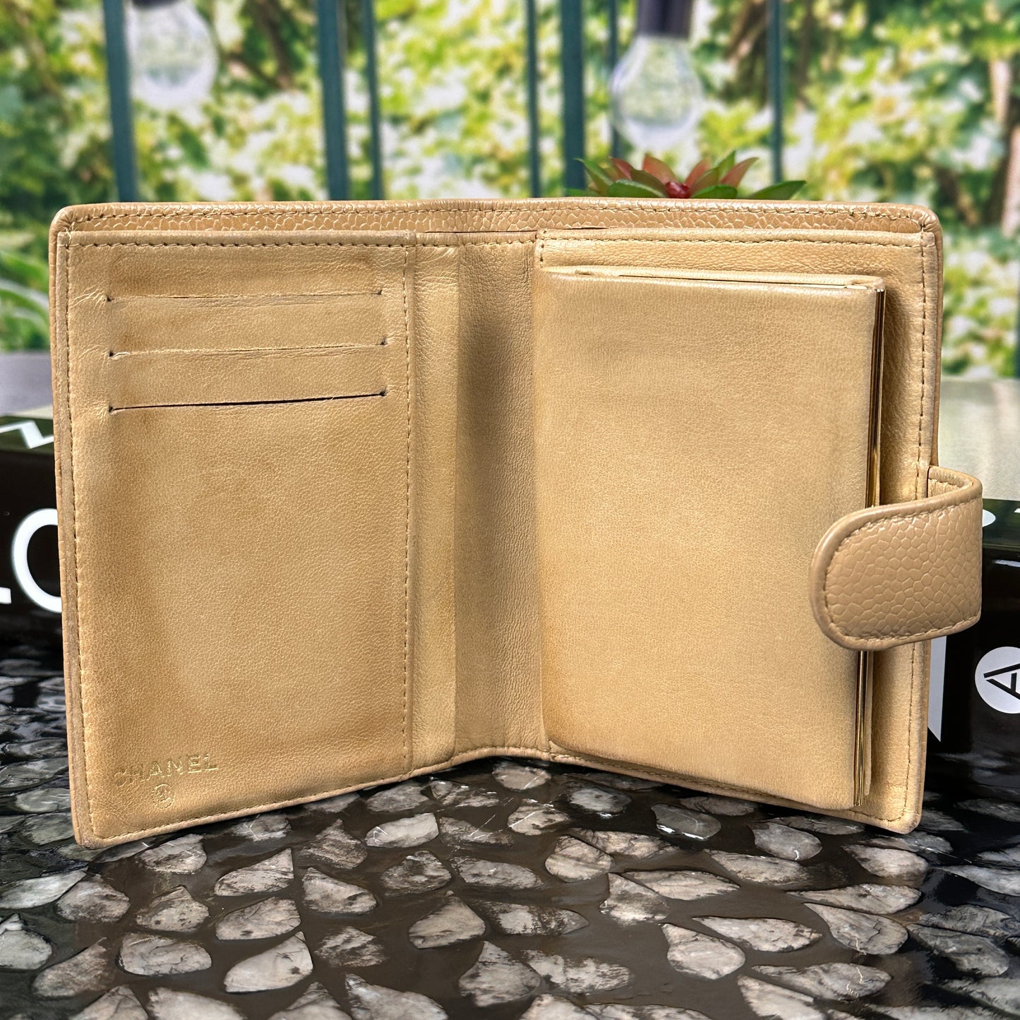 Chanel Tan Caviar Leather CC Compact Bifold Wallet