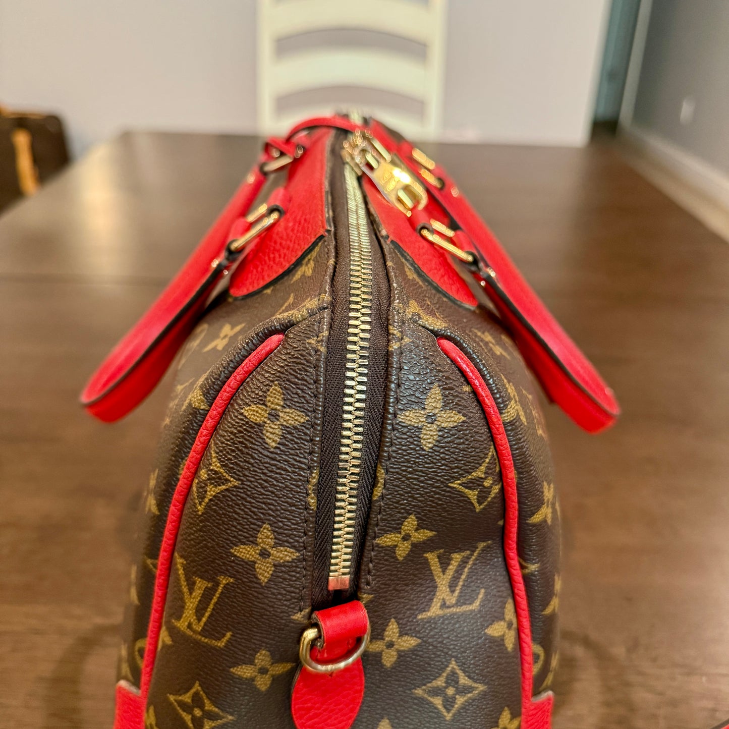 Retiro NM 2-Way Bag in Coquelicot Leather and
Monogram Canvas