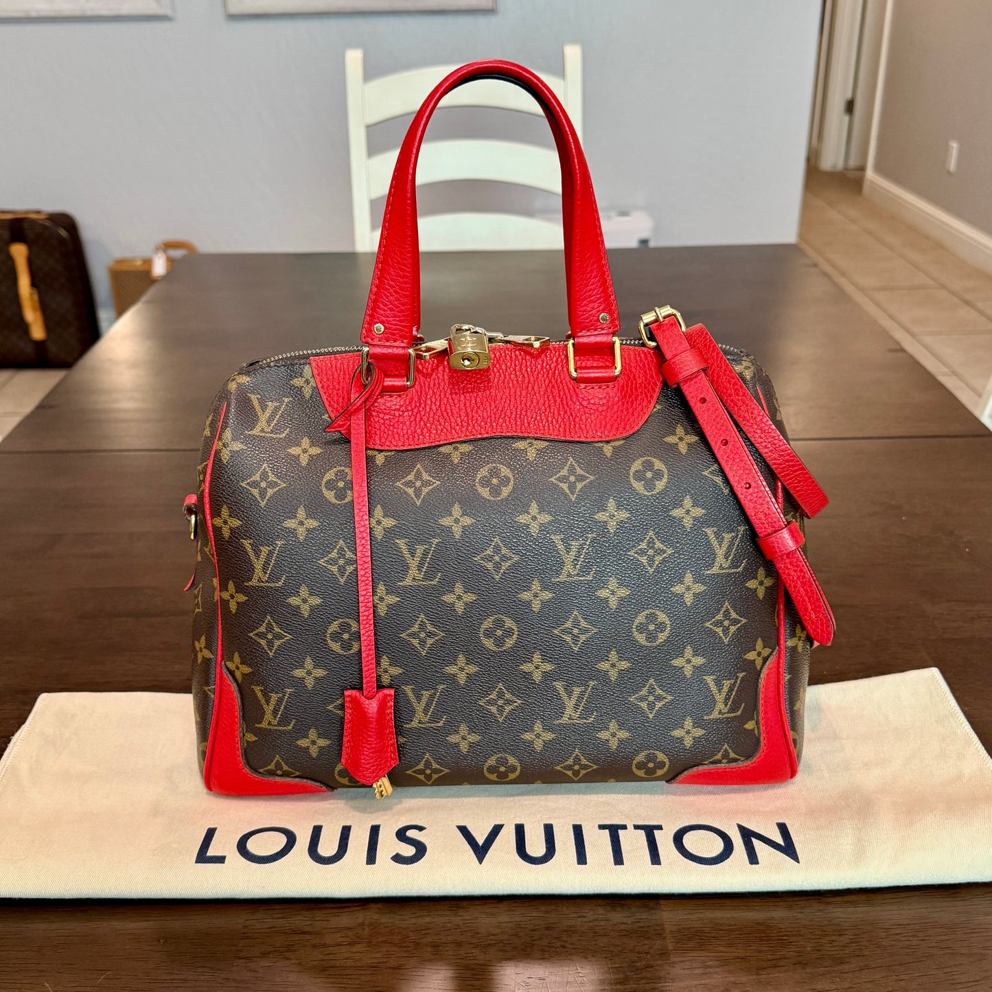 Retiro NM 2-Way Bag in Coquelicot Leather and
Monogram Canvas