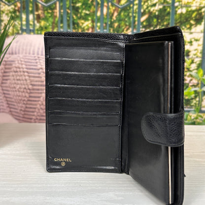 Chanel Black Caviar Leather Vintage Timeless CC French Wallet