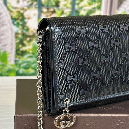 Gucci Black GG Imprime Coated Canvas Wallet on Chain