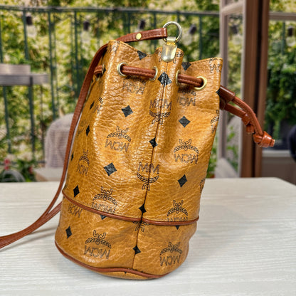 MCM Visetos Cognac Drawstring Mini Bucket Bag