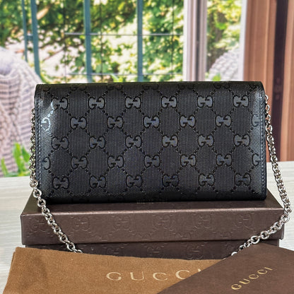 Gucci Black GG Imprime Coated Canvas Wallet on Chain