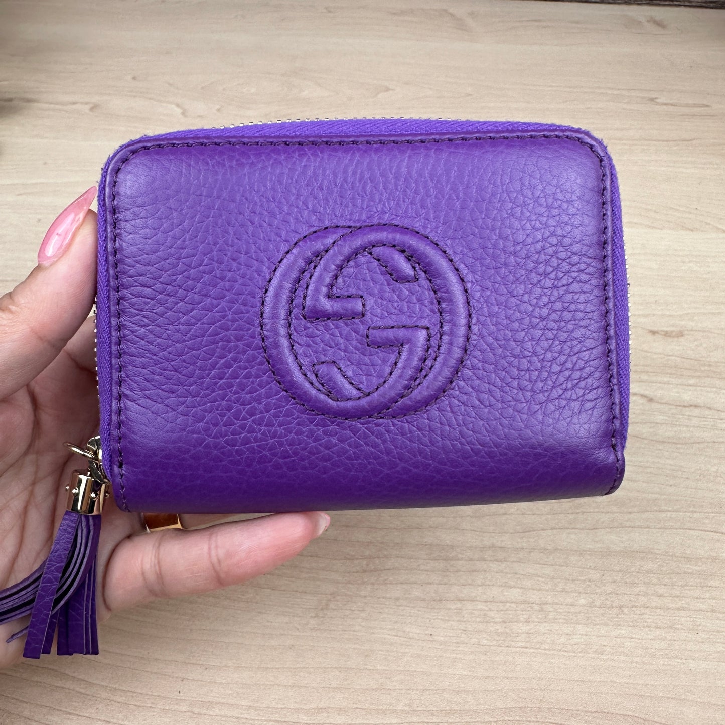Gucci Purple Pebbled Leather Soho Zippy Compact Wallet
