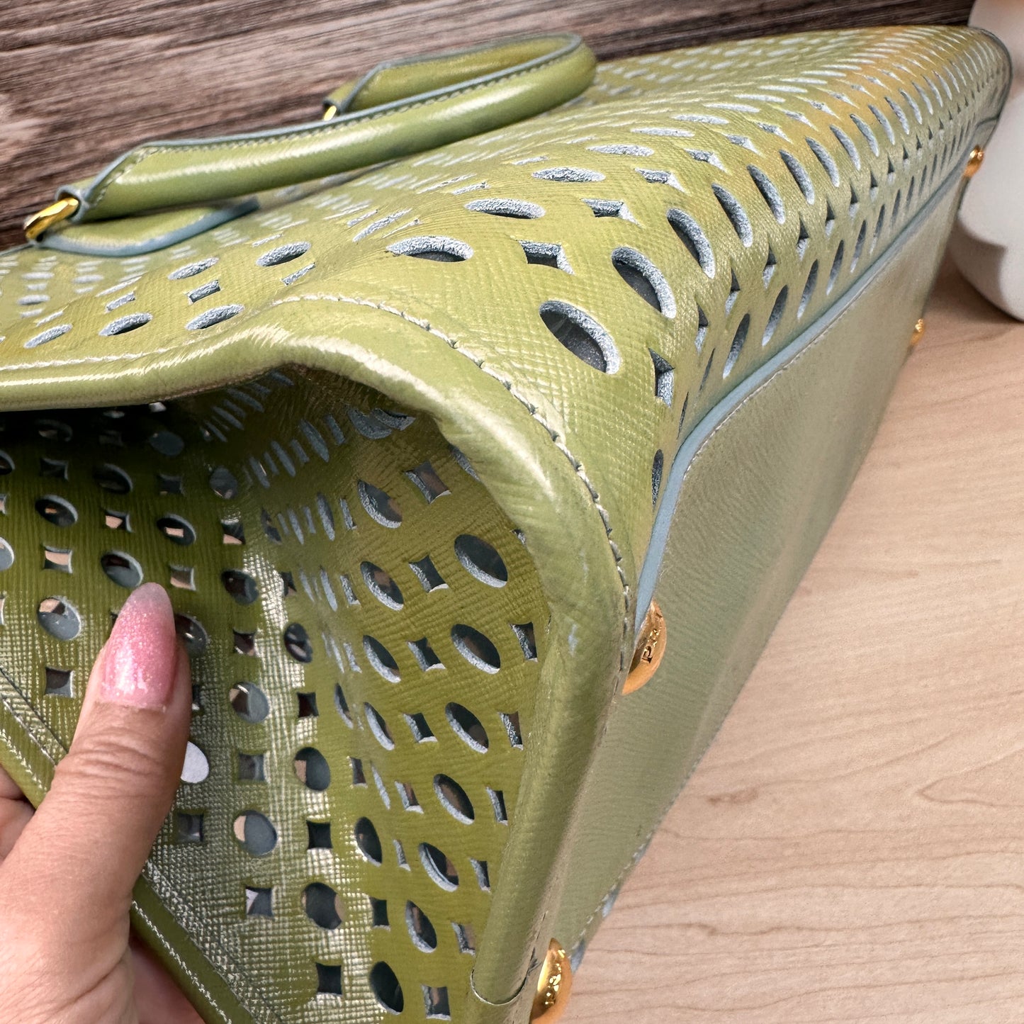 Prada Pistachio Green Saffiano Peforated Handbag