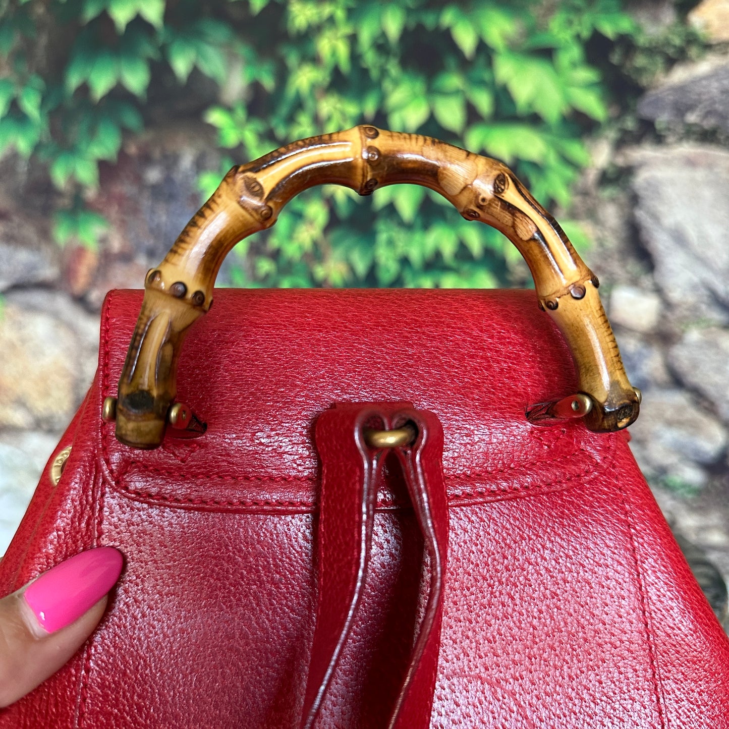 Gucci Red Bamboo Leather  Backpack