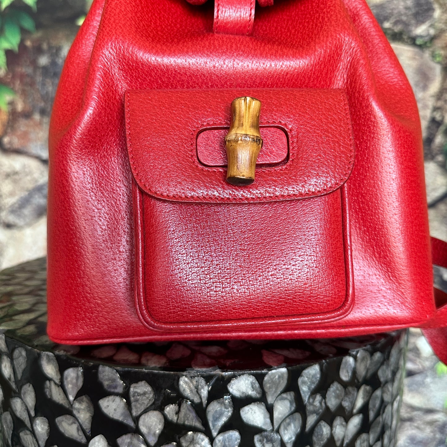 Gucci Red Bamboo Leather  Backpack