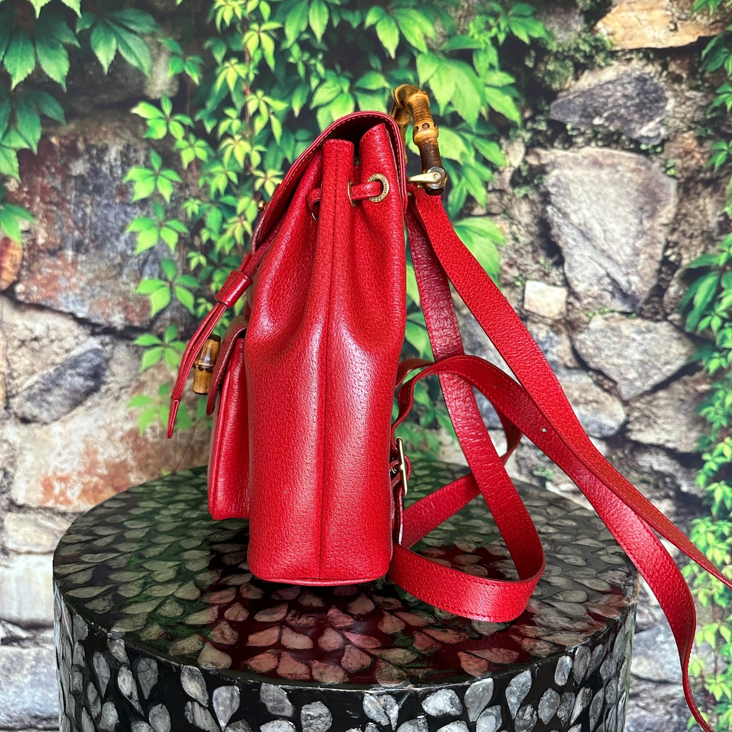 Gucci Red Bamboo Leather  Backpack