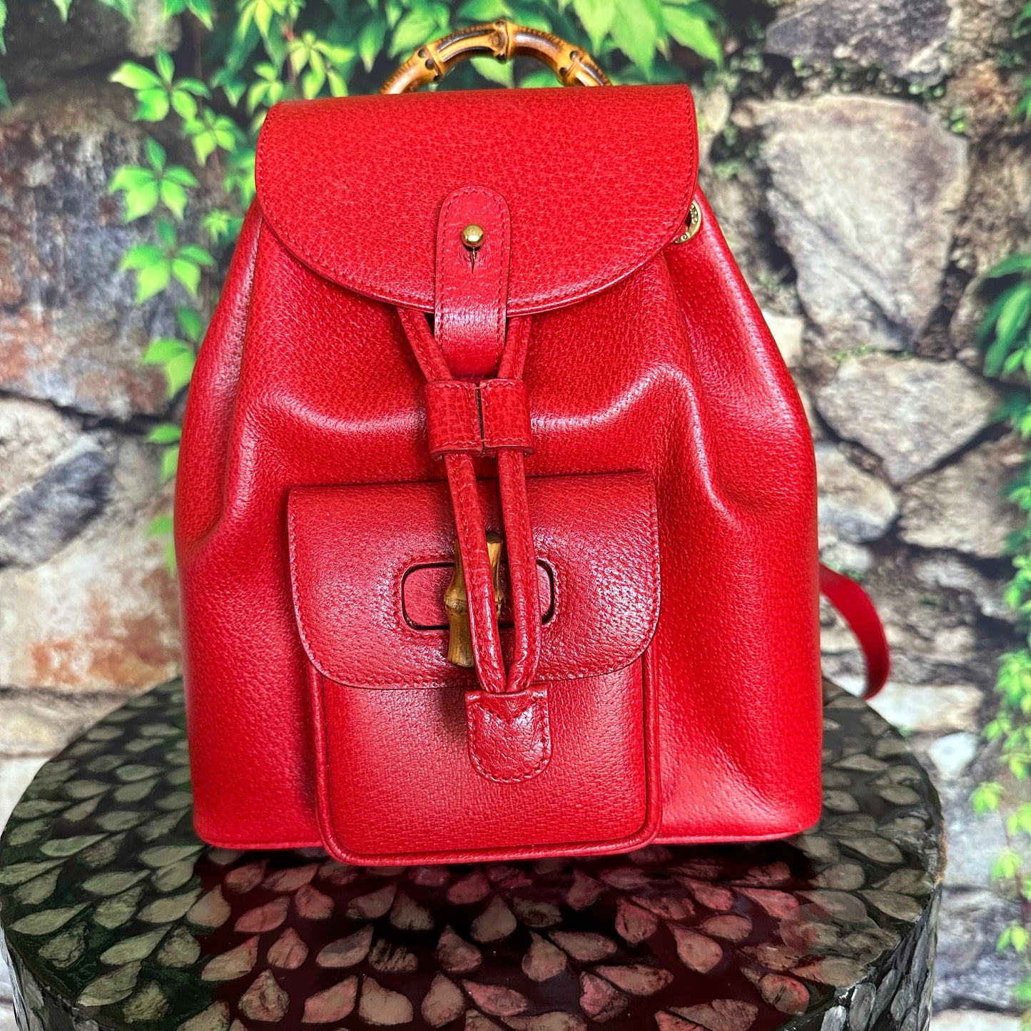 Gucci Red Bamboo Leather  Backpack
