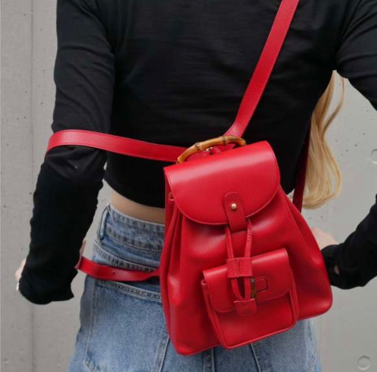 Gucci Red Bamboo Leather  Backpack