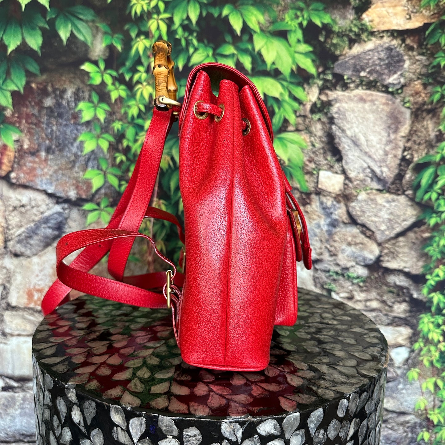 Gucci Red Bamboo Leather  Backpack