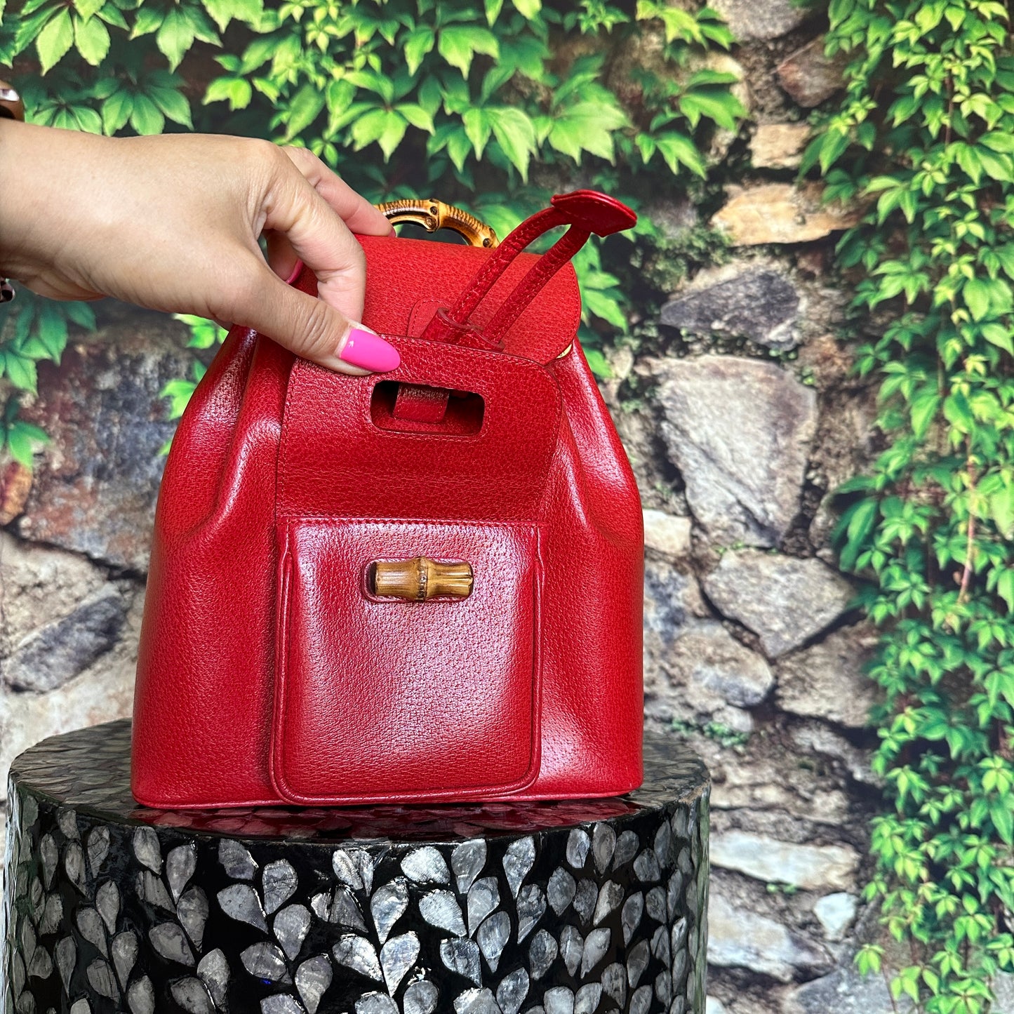 Gucci Red Bamboo Leather  Backpack