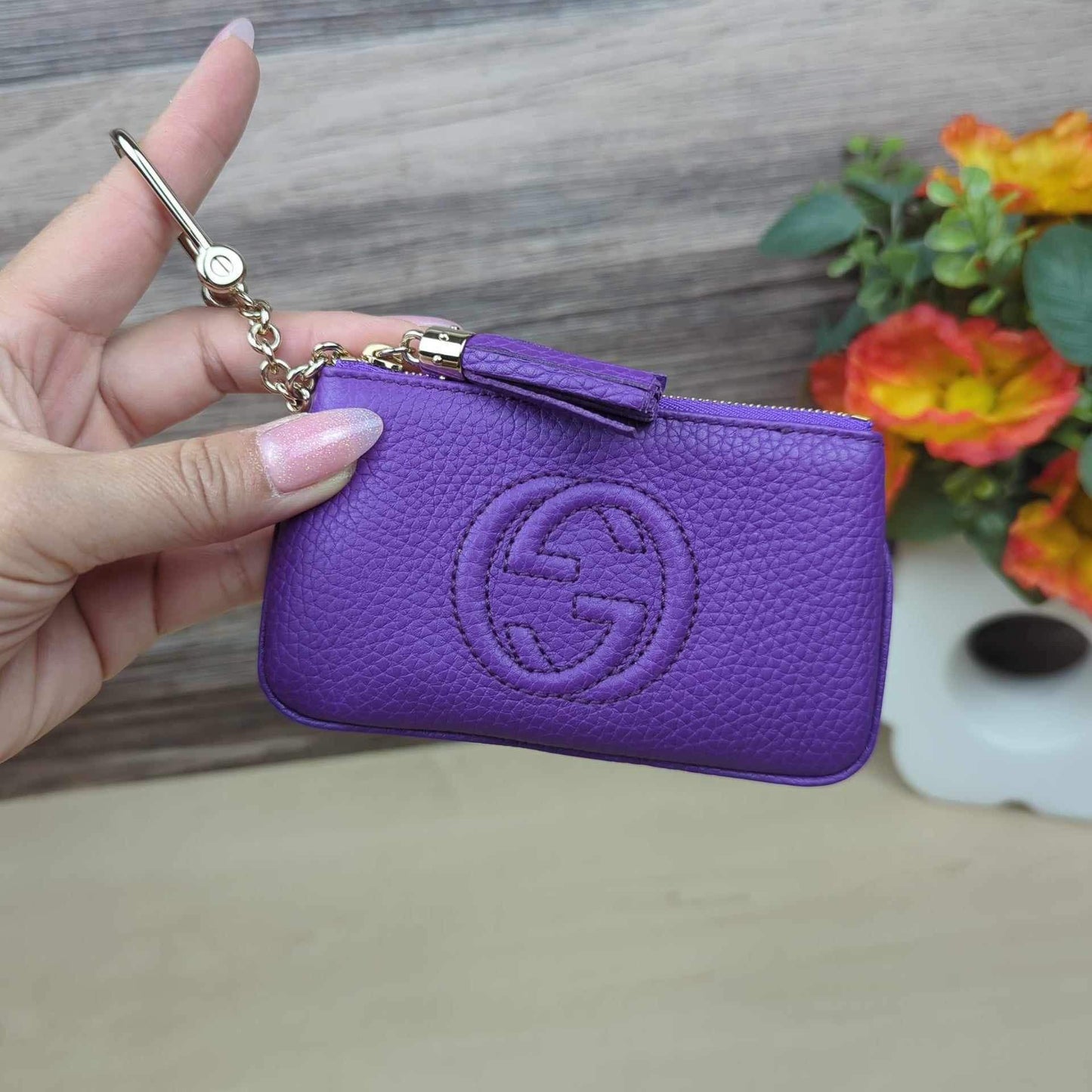 Gucci Purple Pebbled Calfskin Soho Key Case