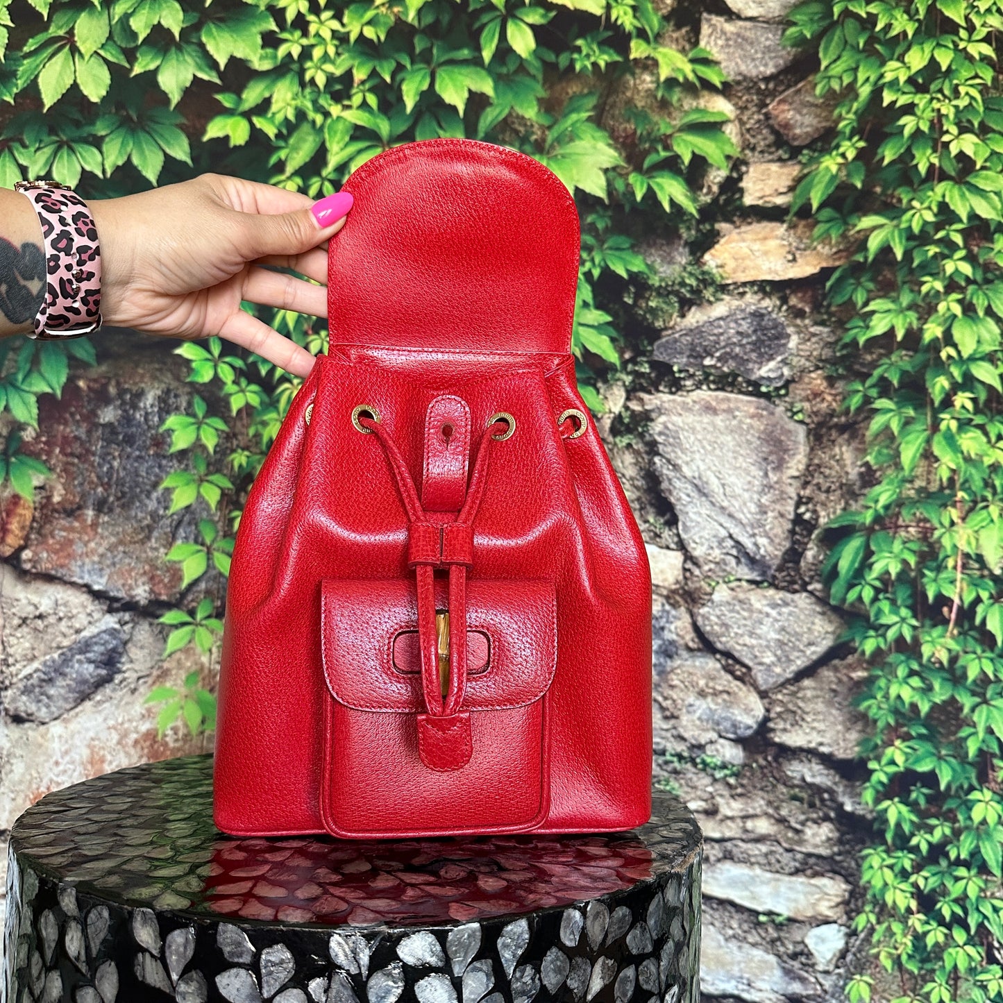 Gucci Red Bamboo Leather  Backpack
