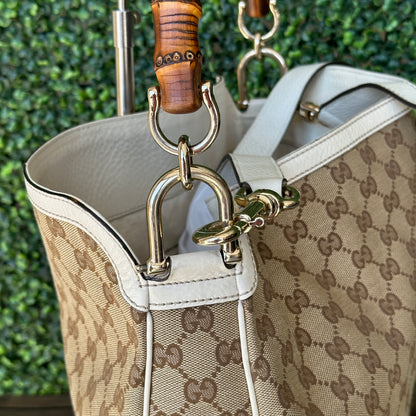 GUCCI Monogram Medium Diana Bamboo Shoulder Bag Off White with Strap