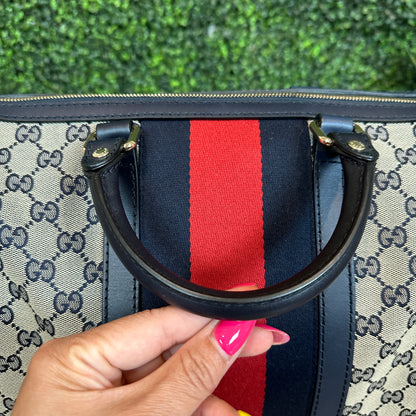 Gucci Vintage Web Medium Boston Bag in Navy Blue