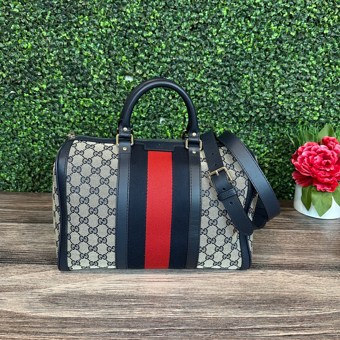 Gucci Vintage Web Medium Boston Bag in Navy Blue