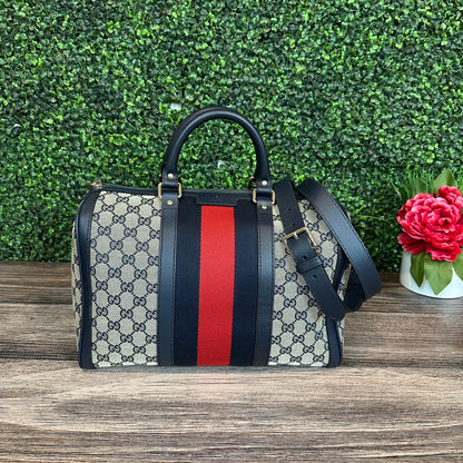 Gucci Vintage Web Medium Boston Bag in Navy Blue