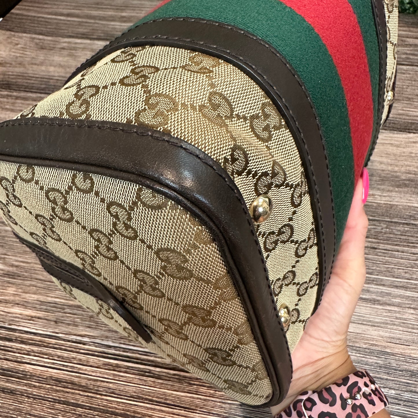 Gucci Vintage Web Small Boston Bag Dark Brown