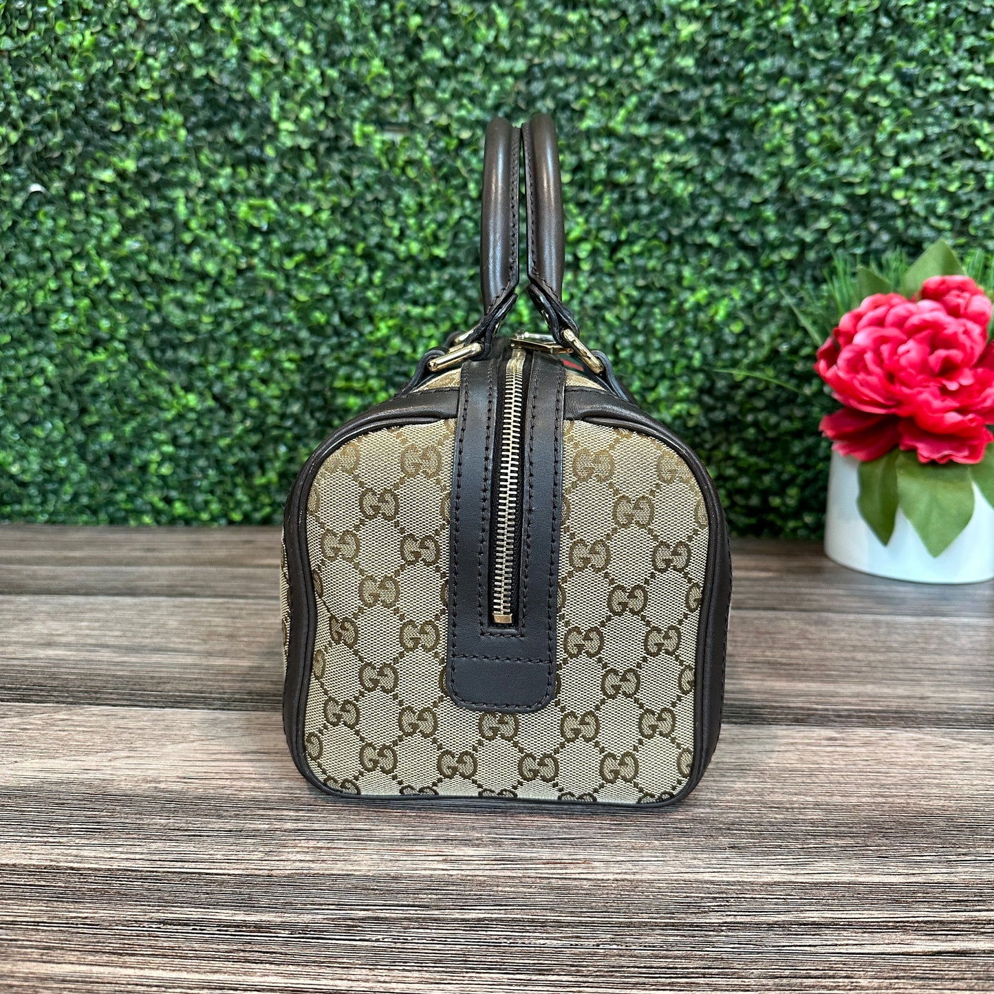 Gucci Vintage Web Small Boston Bag Dark Brown