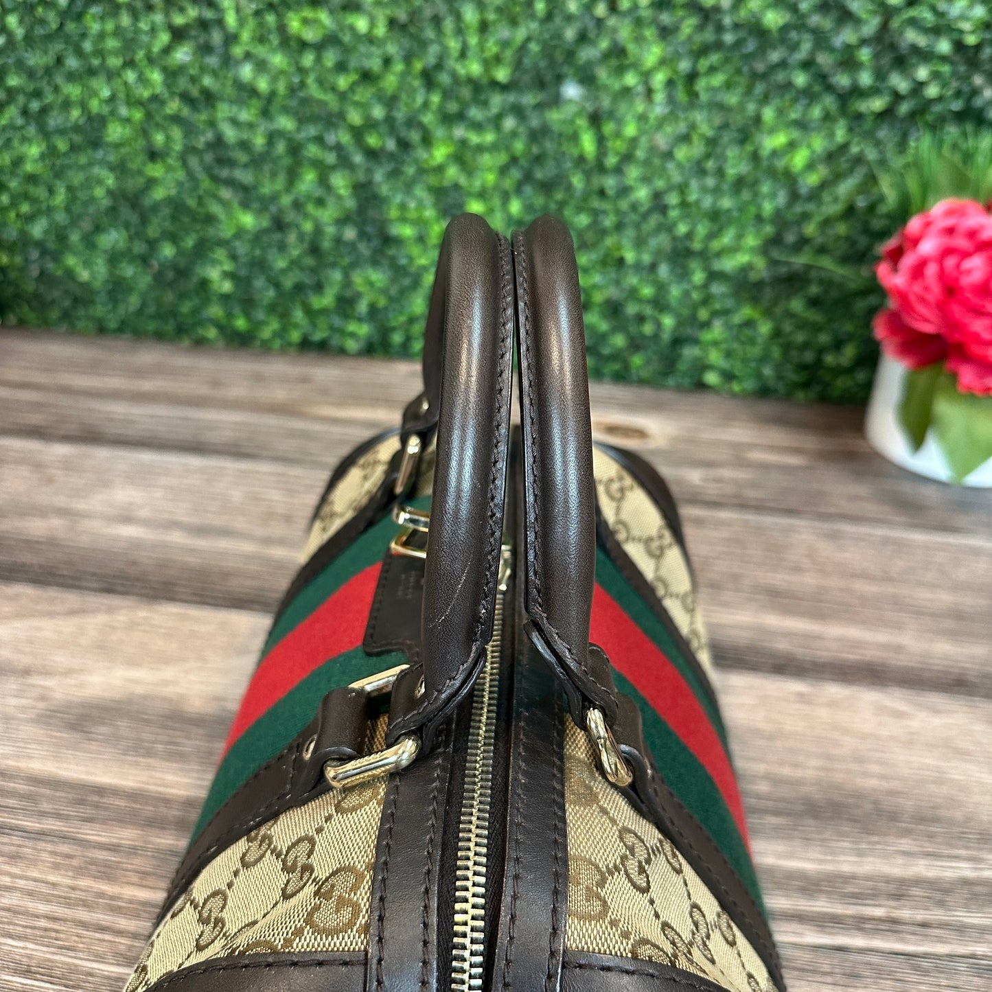 Gucci Vintage Web Small Boston Bag Dark Brown