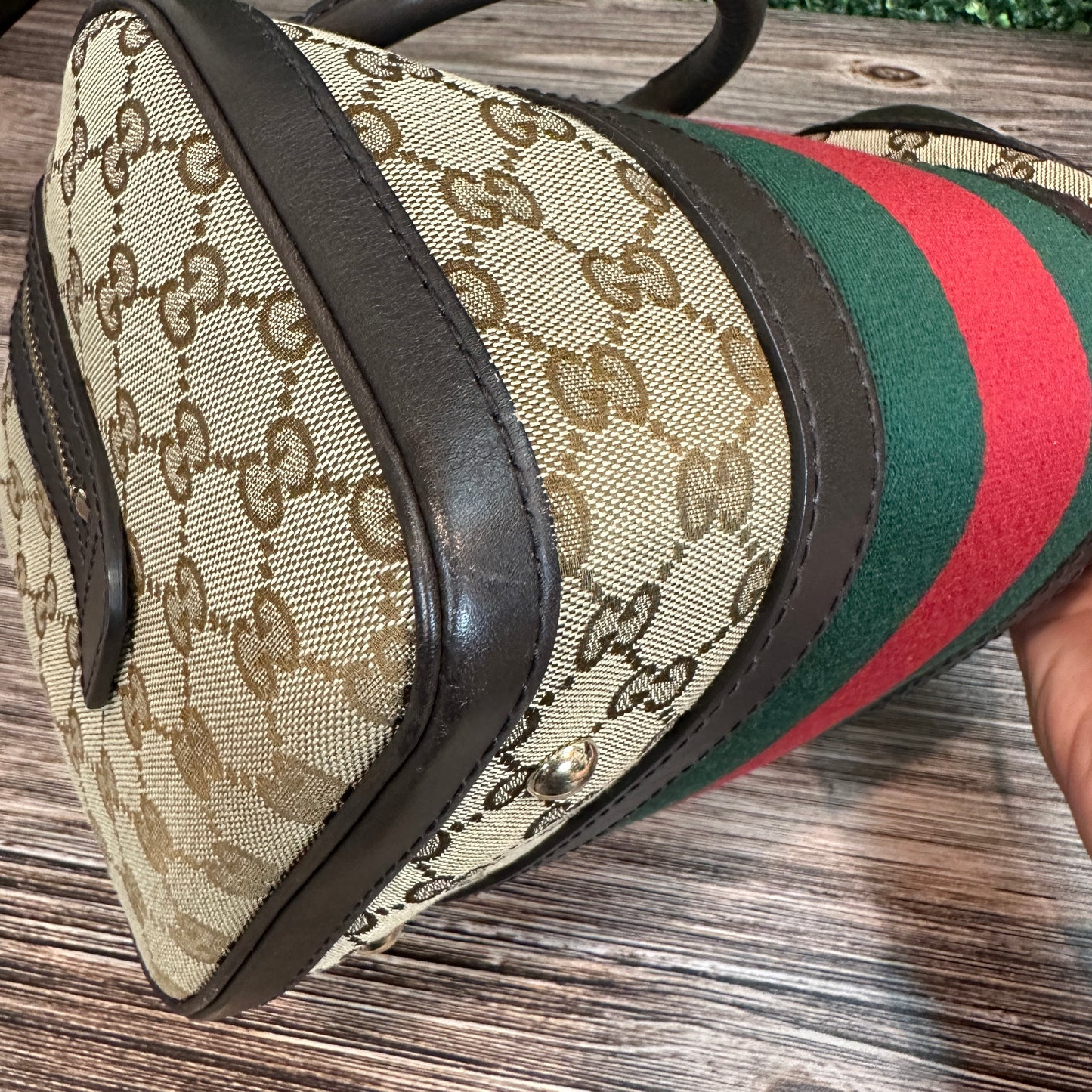 Gucci Vintage Web Small Boston Bag Dark Brown