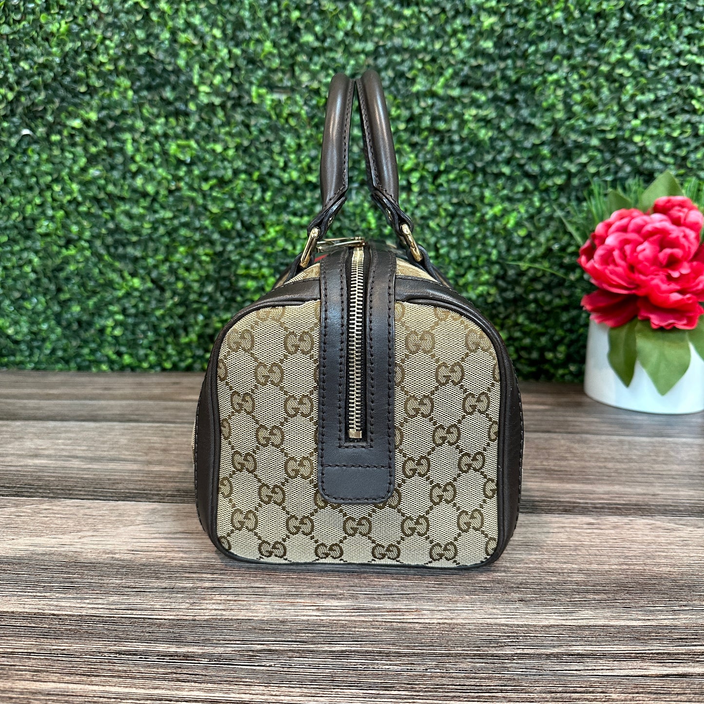 Gucci Vintage Web Small Boston Bag Dark Brown