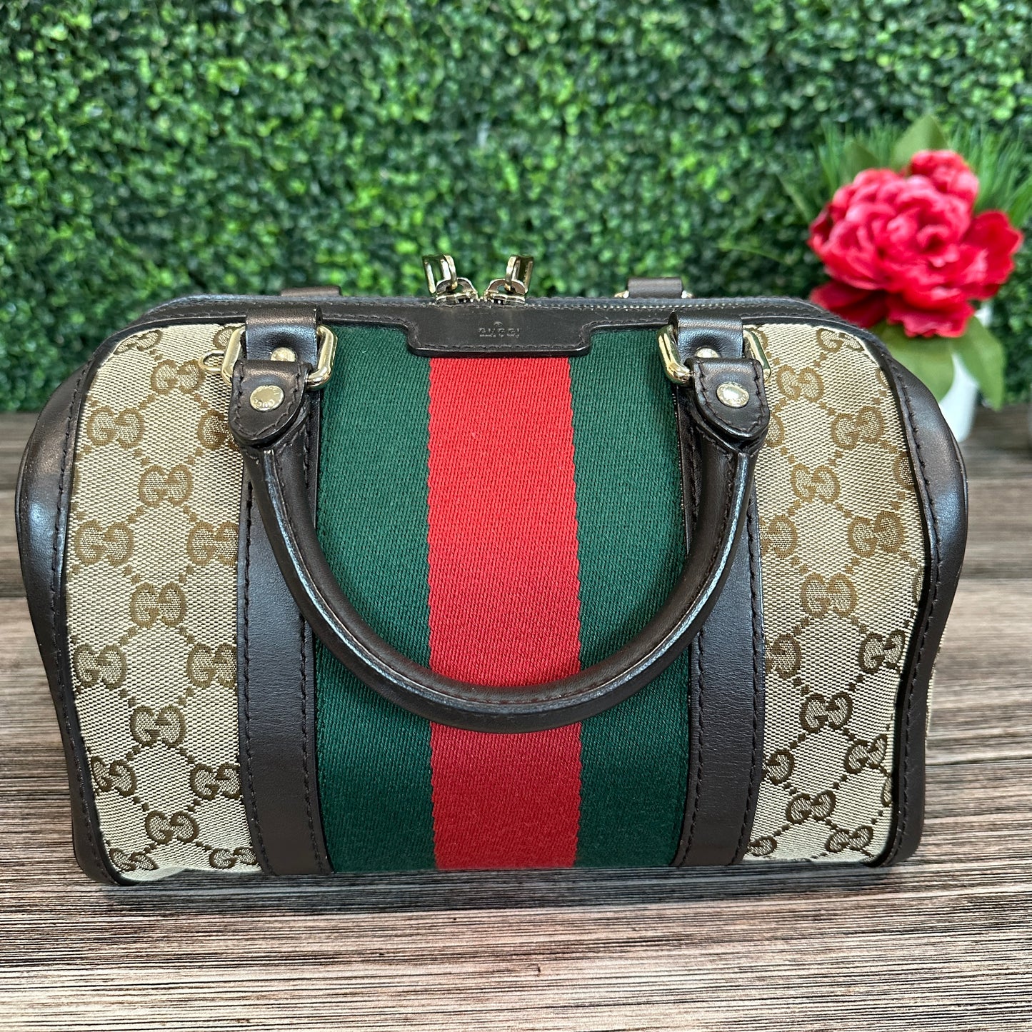 Gucci Vintage Web Small Boston Bag Dark Brown