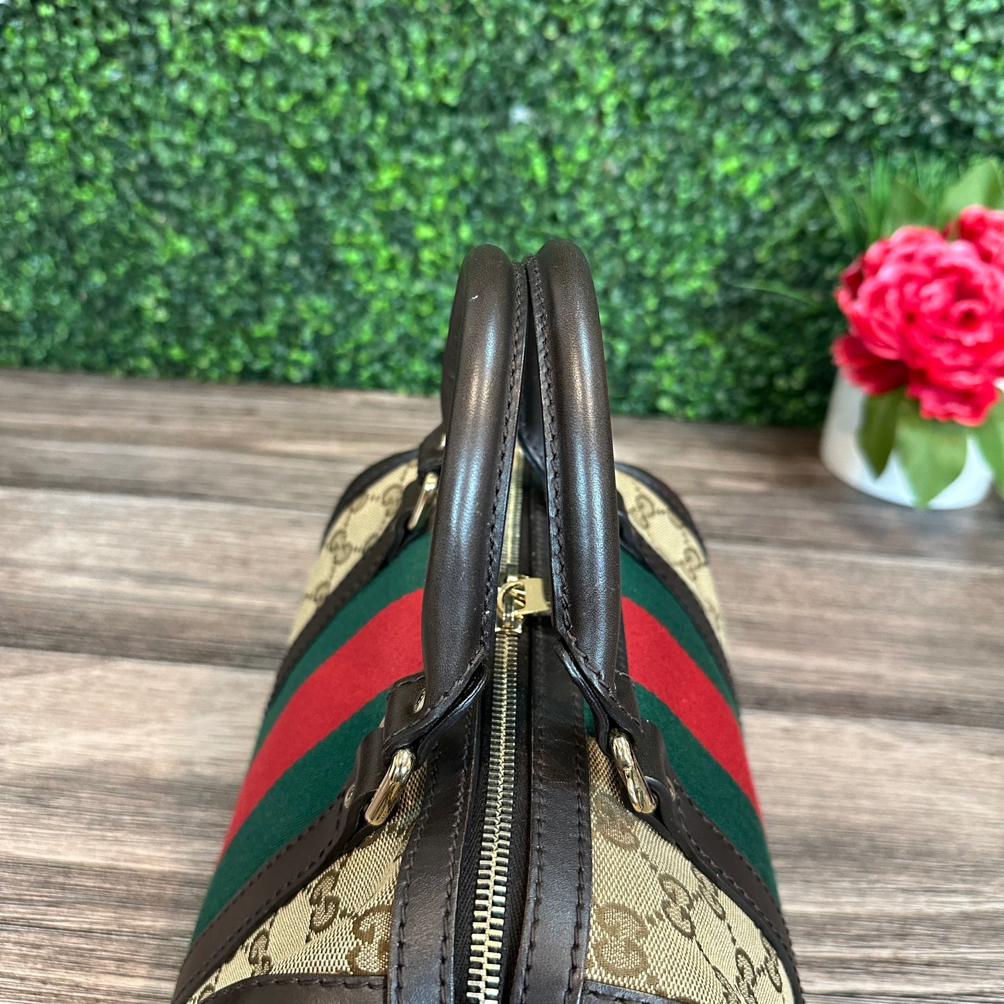 Gucci Vintage Web Small Boston Bag Dark Brown
