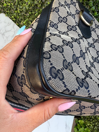 Authentic Preowned Gucci Boston Crossbody Bag with Vintage Web Navy Blue
