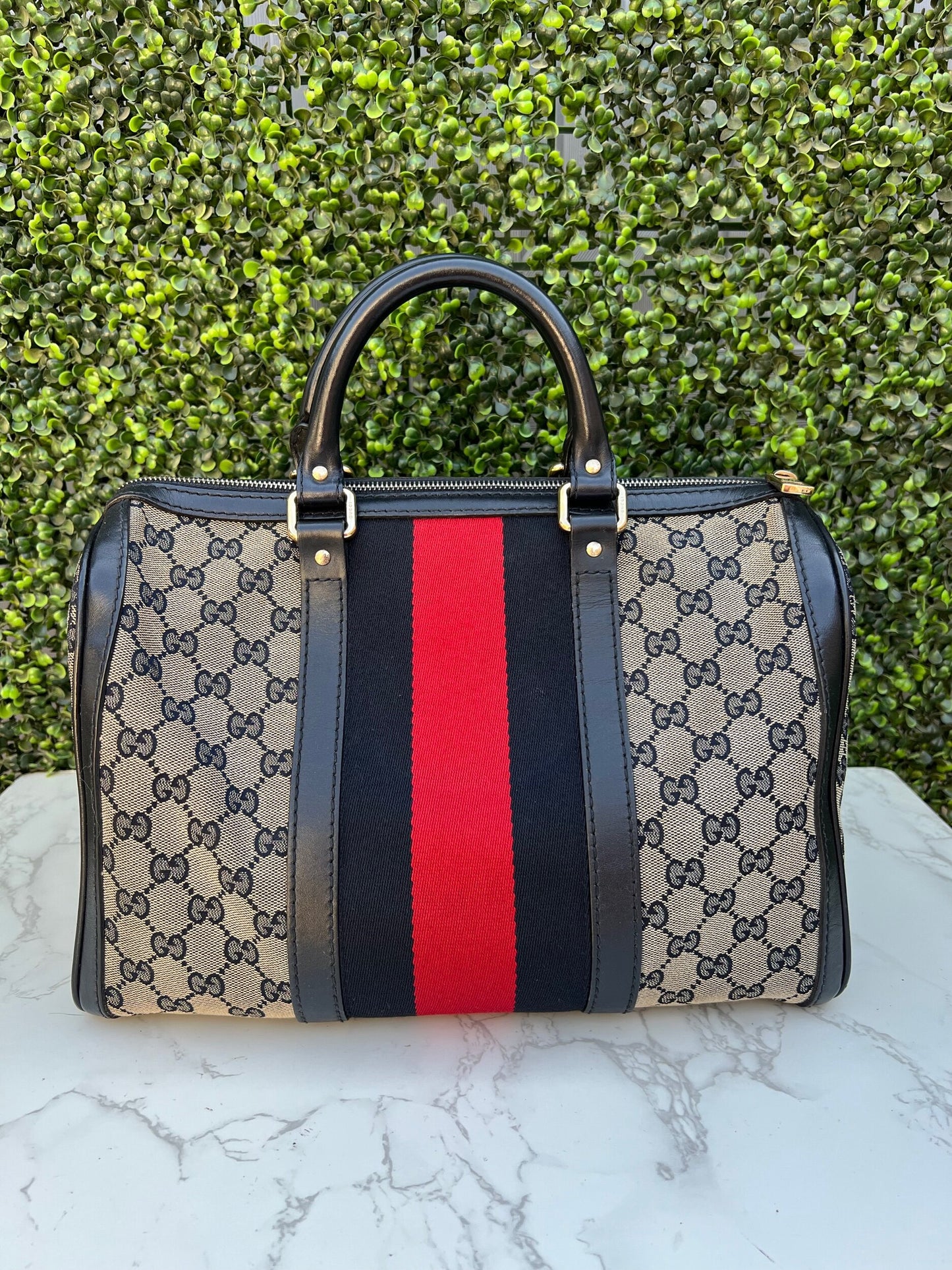 Authentic Preowned Gucci Boston Crossbody Bag with Vintage Web Navy Blue