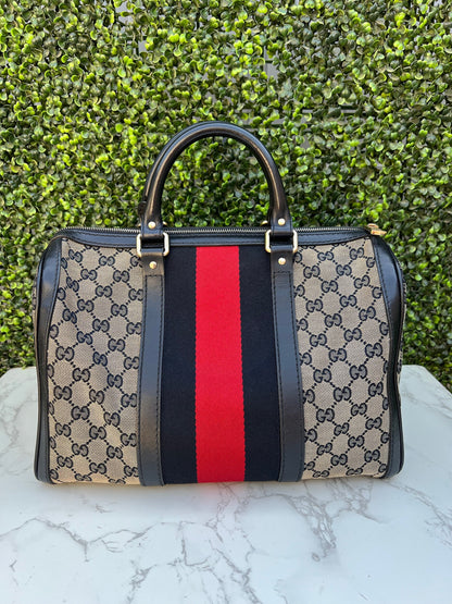 Authentic Preowned Gucci Boston Crossbody Bag with Vintage Web Navy Blue