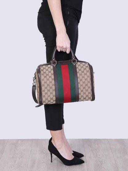 Authentic Preowned Vintage Dark Brown GG Boston Bag with Vintage Web