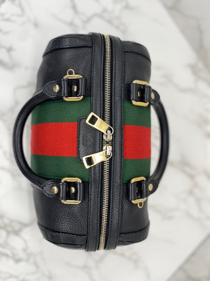 GUCCI Black Leather Vintage Web Small Boston with Removable Strap