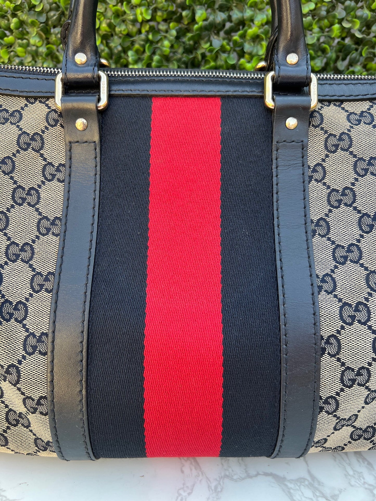 Authentic Preowned Gucci Boston Crossbody Bag with Vintage Web Navy Blue