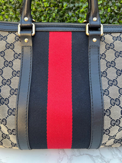 Authentic Preowned Gucci Boston Crossbody Bag with Vintage Web Navy Blue