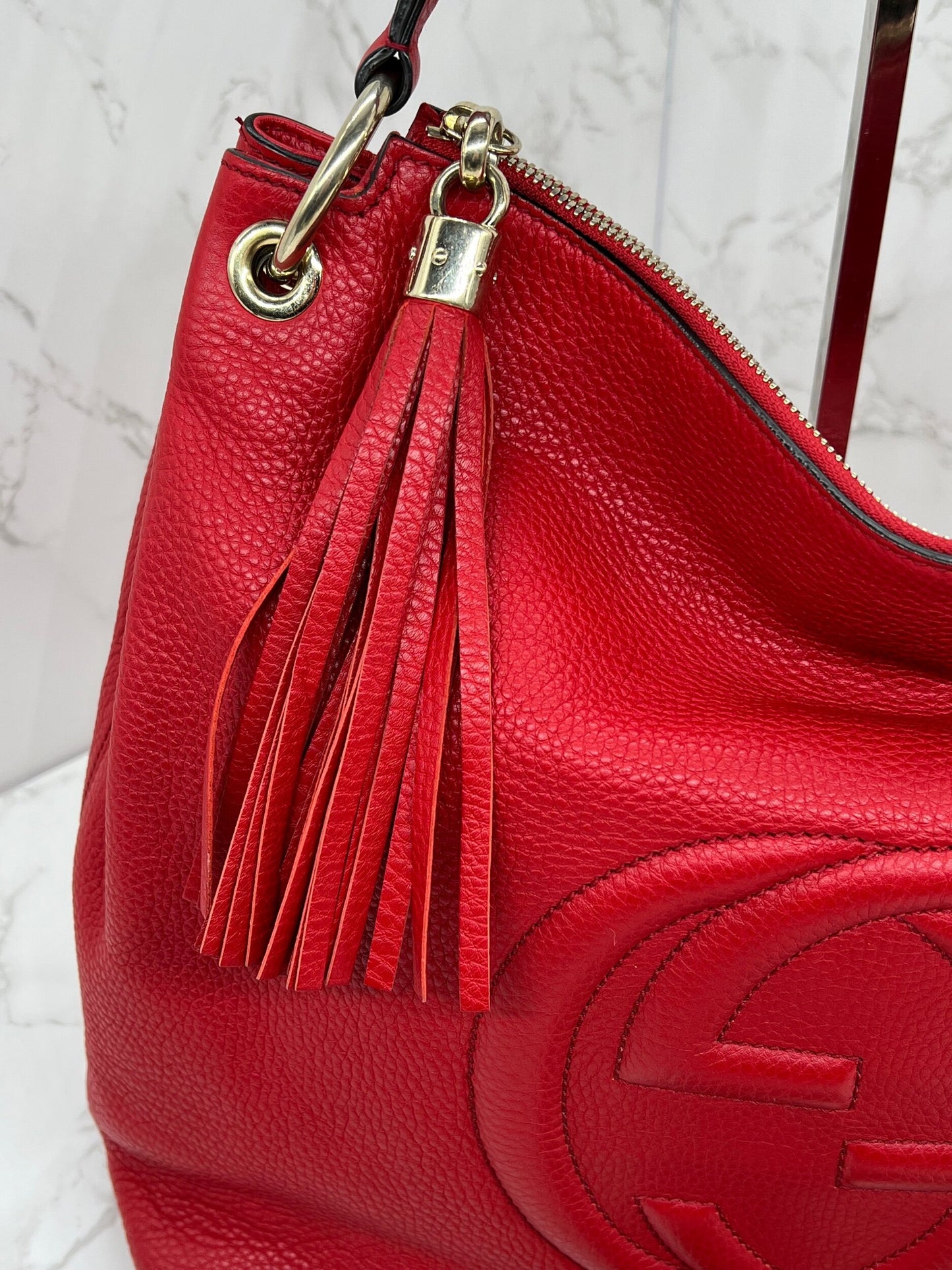 Gucci Pebbled Leather Soho Hobo Bag Red