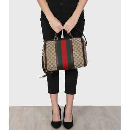 GG Vintage Web Medium Boston Bag Dark Brown