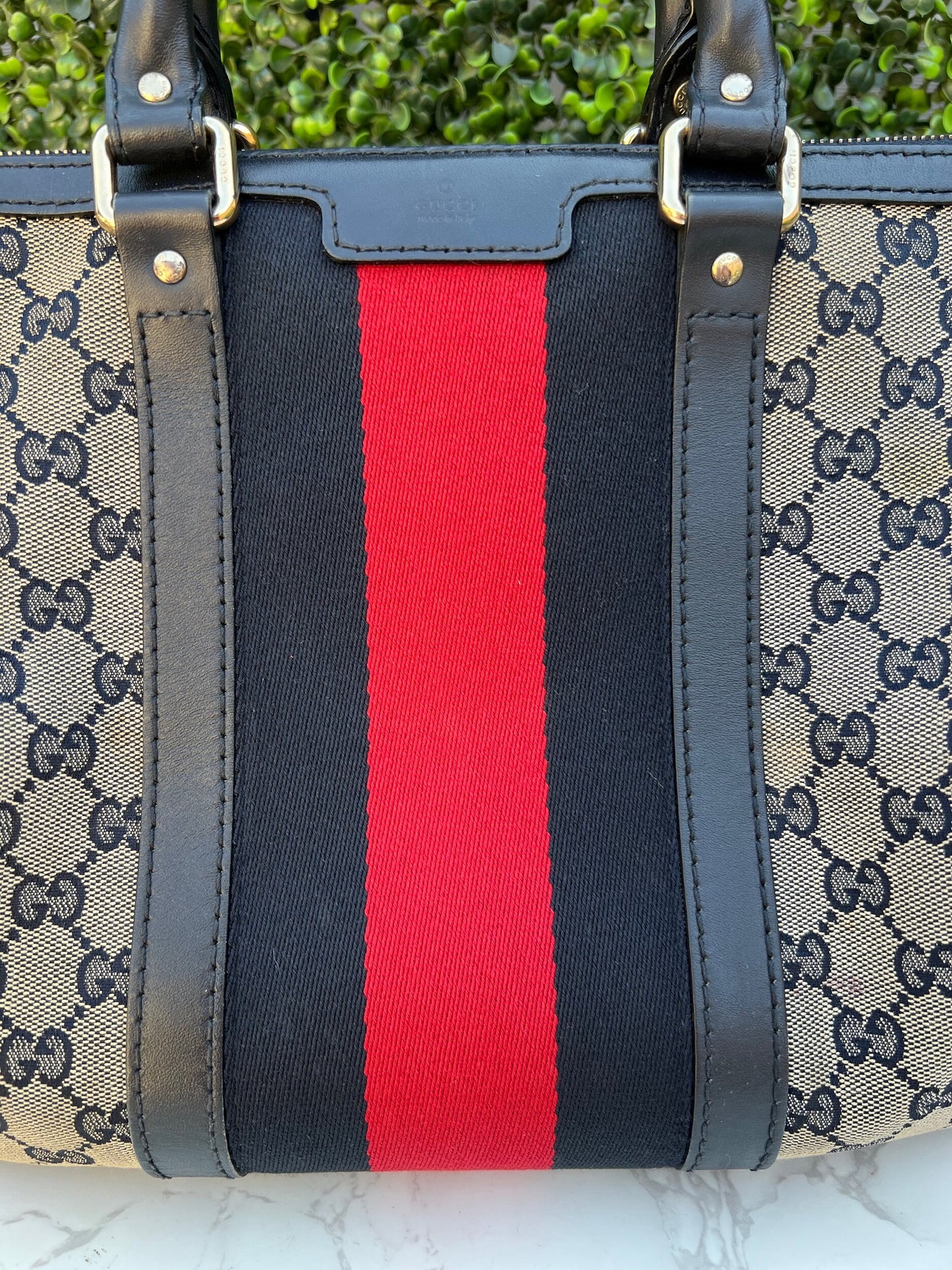 Authentic Preowned Gucci Boston Crossbody Bag with Vintage Web Navy Blue