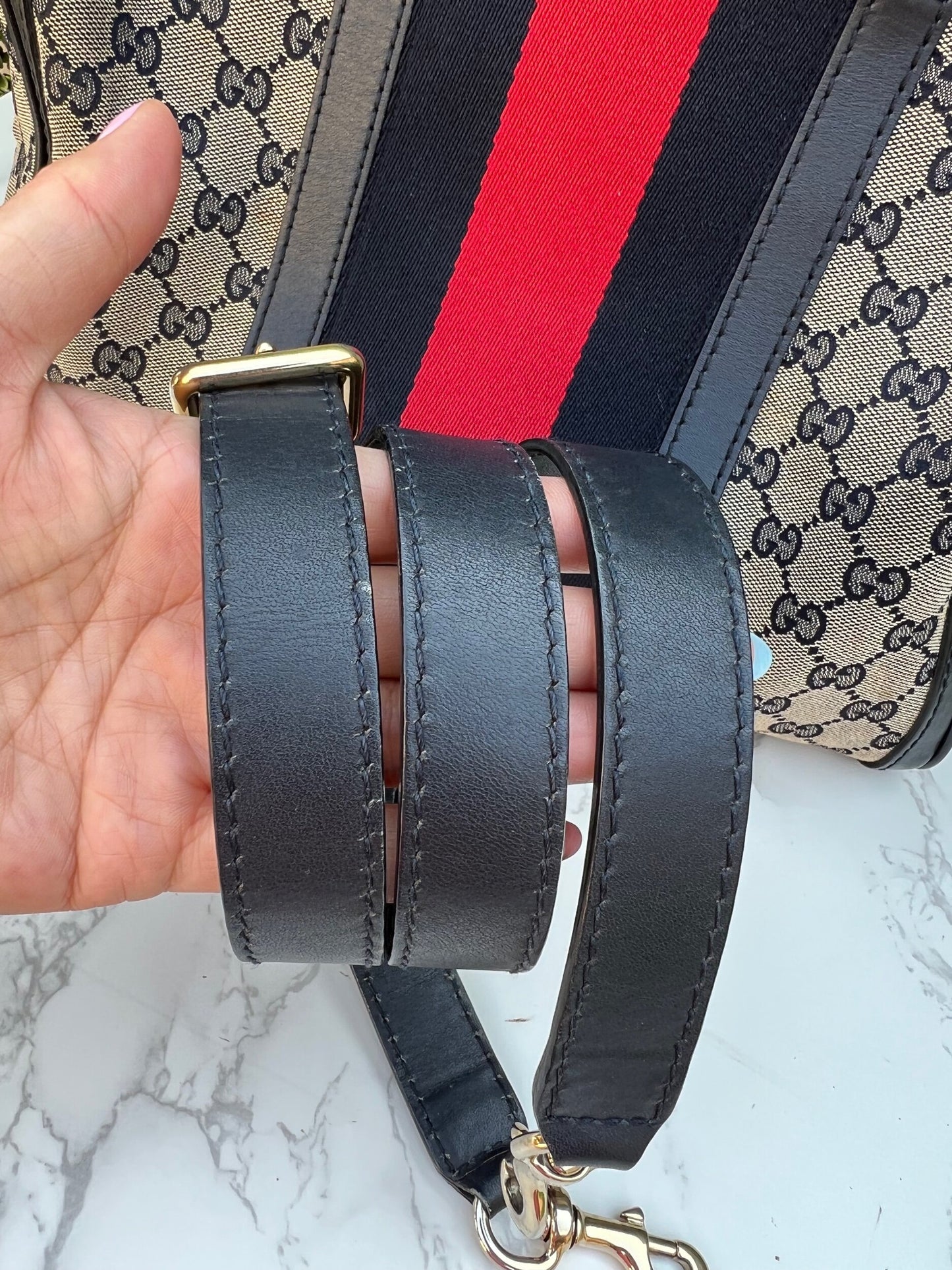 Authentic Preowned Gucci Boston Crossbody Bag with Vintage Web Navy Blue