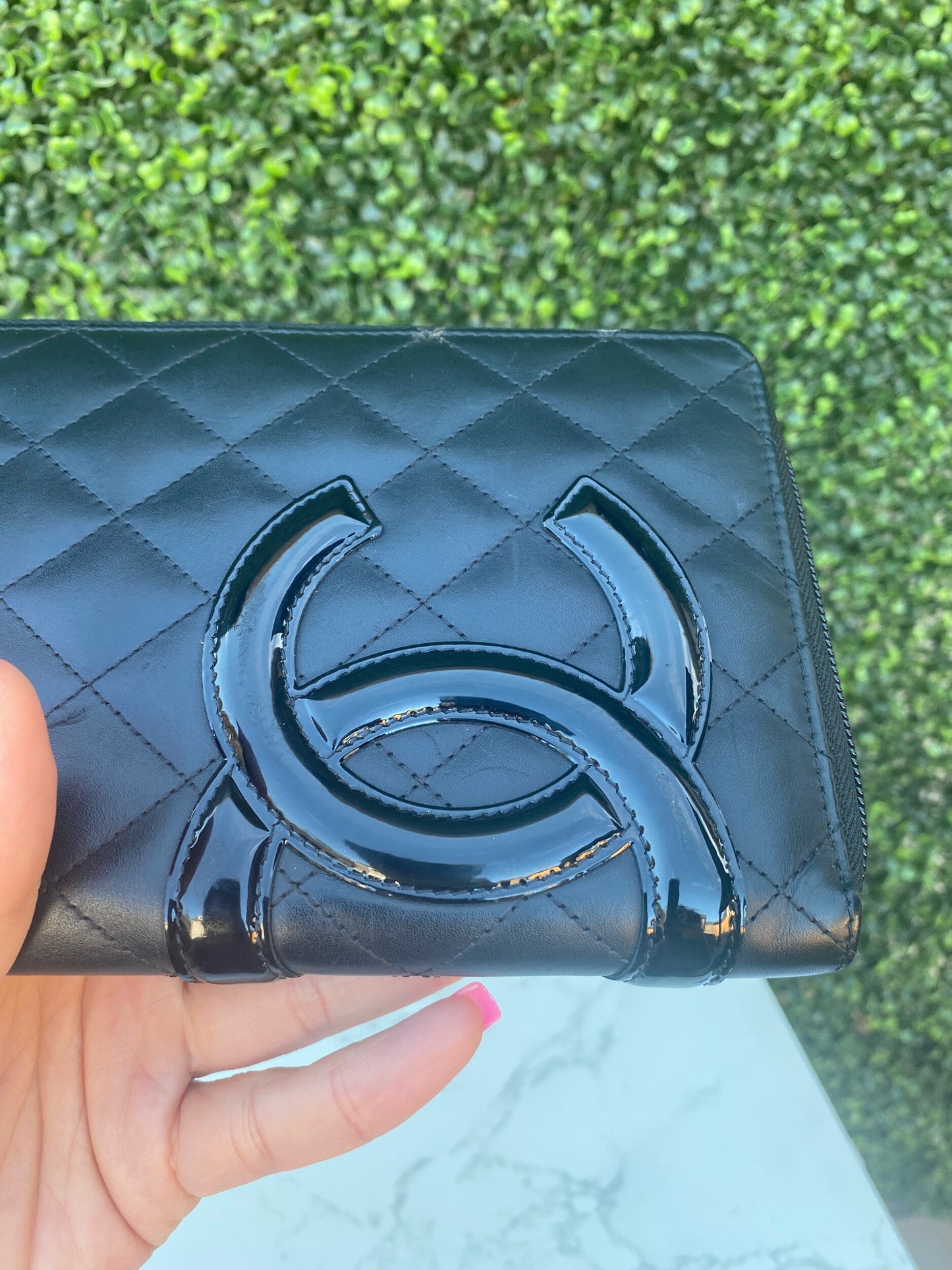 CC Black Calfskin Quilted Cambon Zip Around Organizer Clutch Wallet