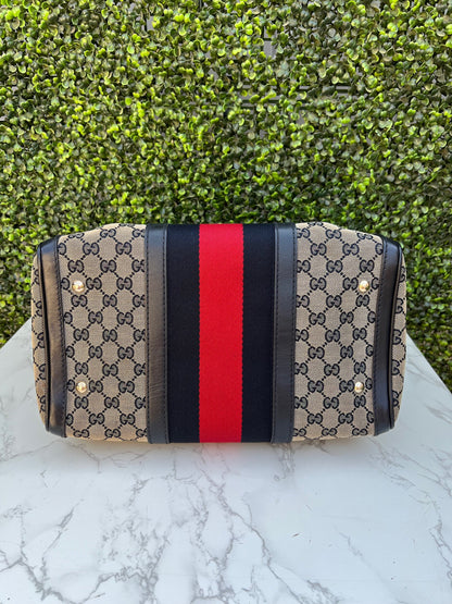 Authentic Preowned Gucci Boston Crossbody Bag with Vintage Web Navy Blue