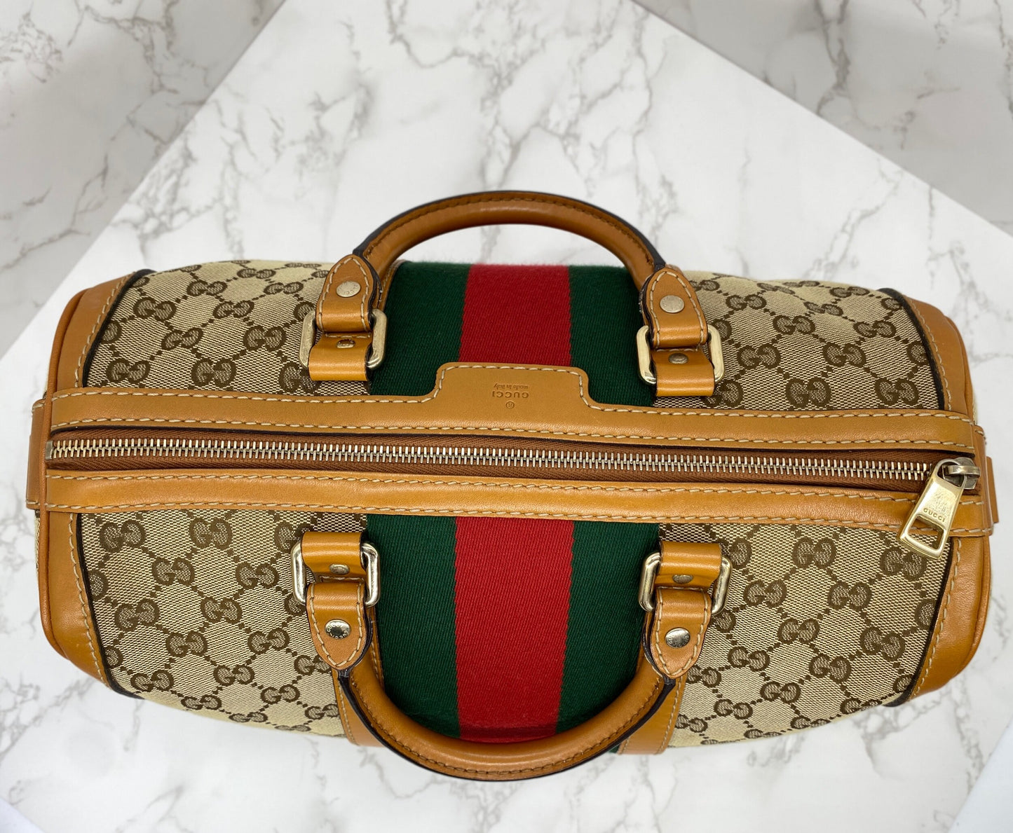 Gucci Vintage Web Medium Boston Bag Cognac