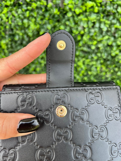 GG Black Leather French Compact Wallet