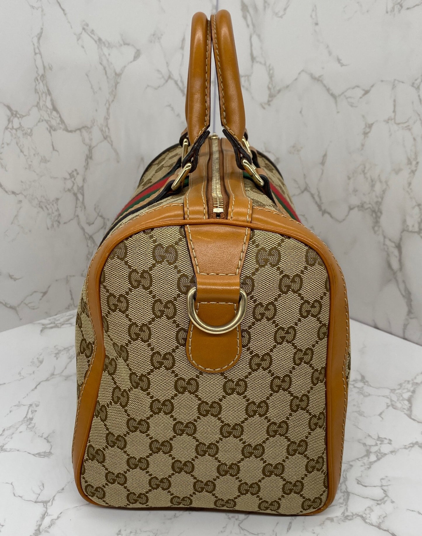 Gucci Vintage Web Medium Boston Bag Cognac