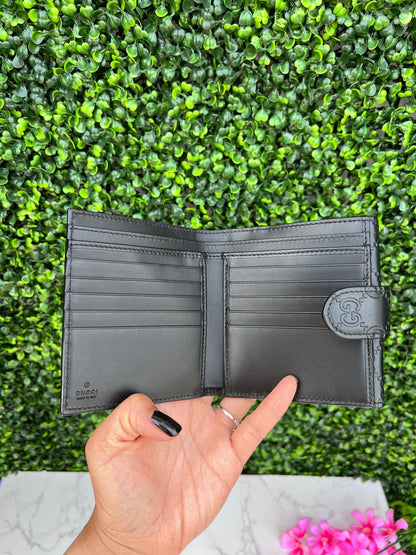 GG Black Leather French Compact Wallet