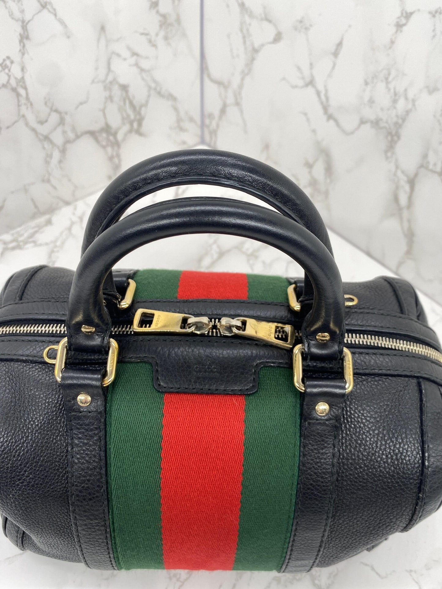 GUCCI Black Leather Vintage Web Small Boston with Removable Strap